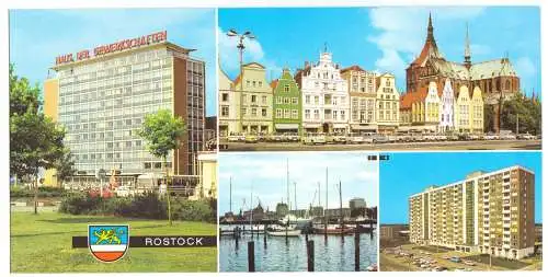 AK lang, Panoramakarte, Rostock, vier Abb. und Wappen, 1977