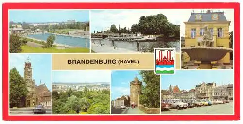 AK lang, Panoramakarte, Brandenburg Havel, sieben Abb. und Wappen, 1985