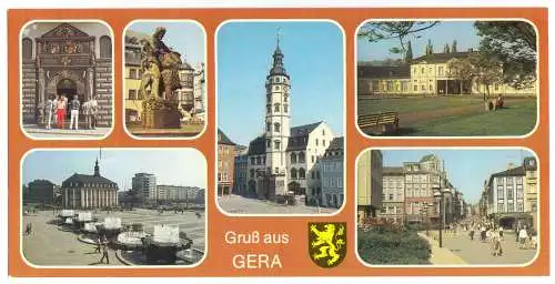 AK lang, Panoramakarte, Gera, sechs Abb. und Wappen, 1987