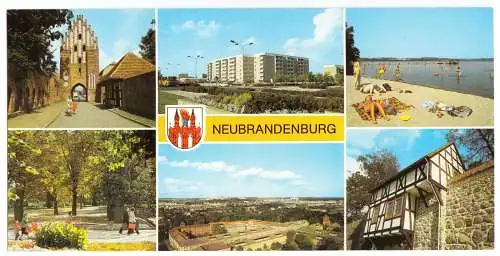 AK lang, Panoramakarte, Neubrandenburg, sechs Abb., 1989