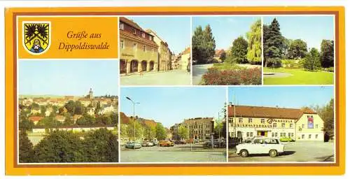 AK lang, Panoramakarte, Dippoldiswalde, sechs Abb., Wappen, 1984