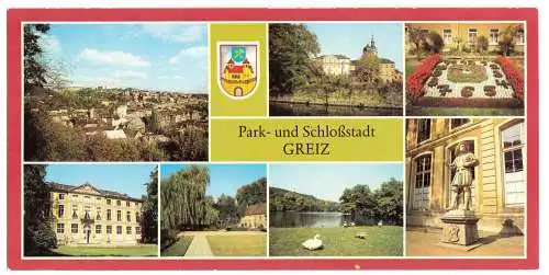 AK lang, Panoramakarte, Greiz, Park- und Schloßstadt Greiz, sieben Abb., 1987