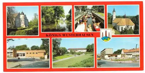 AK lang, Panoramakarte, Königs Wusterhausen, sieben Abb. und Wappen, 1985