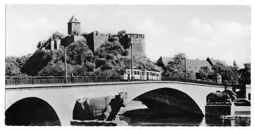 AK lang, Panoramakarte, Halle Saale, Ruine Burg Giebichenstein, Brücke, 1961