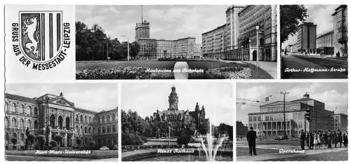 AK lang, Panoramakarte, Leipzig, sechs Abb., 1962