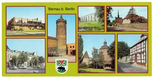 AK lang, Panoramakarte, Bernau bei Berlin, sieben Abb. und Wappen, 1986