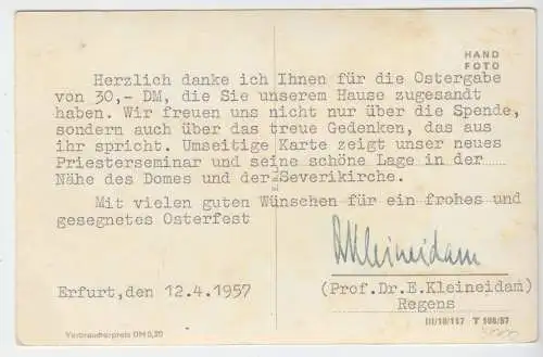 AK, Erfurt, Priesterseminar (Gartenseite) und Kirchen, Autograf Kleineidam, 1957