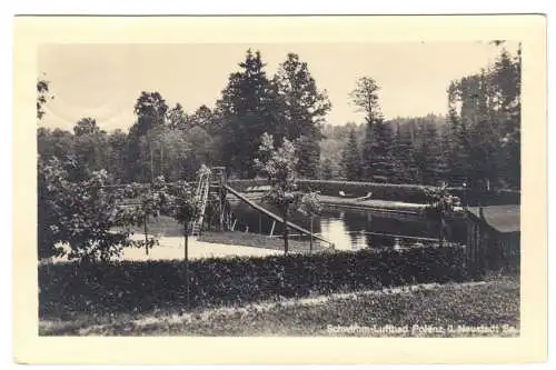 AK, Polenz über Neustadt Sa., Schwimm- u. Luftbad, 1952, Echtfoto, Handabzug