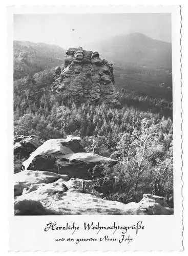 AK, Zittauer Gebirge, Winterlandschaft am Scharfenstein, als Weinachtskte, 1965