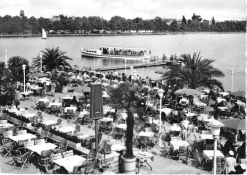 AK, Hannover, Terrasse am Nordufer des Maschsees, belebt, Dampfer, 1955