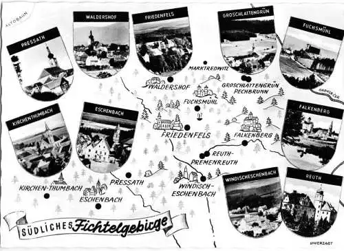 AK, Südliches Fichtelgeb. um Friedenfels, 10 Abb. und Landkarte, um 1965