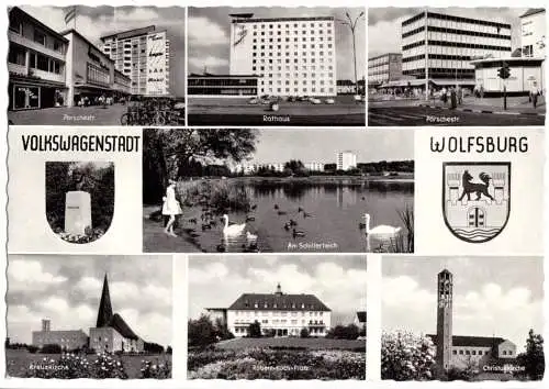 AK, Wolfsburg, acht Abb., Wappen, gestaltet, 1963