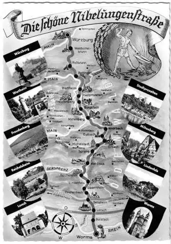 AK, Die schöne Nibelungenstraße, Würzburg - Worms, neun Abb. u. Landkarte, 1968