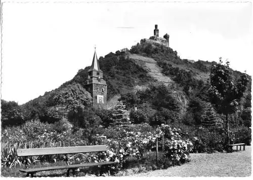 AK, Braubach am Rhein, Blick zur Marksburg, um 1968