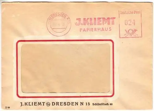 AFS, Dresden, J. Kliemt, Papierhaus, (10a) Dresden N 15, 12.10.50