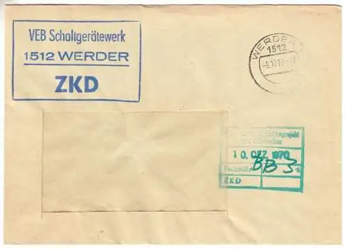 ZKD-Brief, VEB Schaltgerätewerk 1512 Werder, Werder 1, 1512, 9.12.70