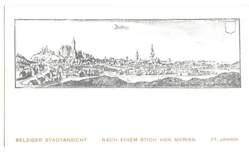 AK, Belzig, Stadtansicht nach einem Stich von Merian