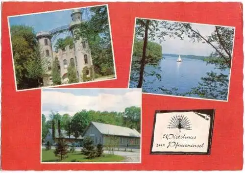 AK, Berlin Wannsee, Wirtshaus zur Pfaueninsel, drei Abb. gestaltet, um 1970