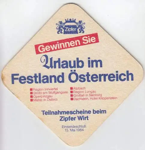 Bierdeckel, Urtypisch, Brauerei Zipf, Burgenland, Urlaubswerbung, 1984