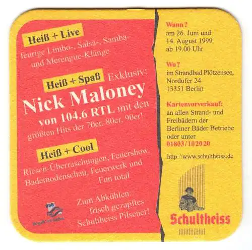 Bierdeckel, Brauerei Schultheiss, Berlin, Limbo-Party, 14.8.99