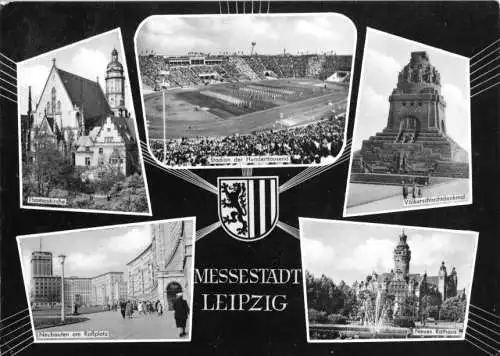 Ansichtskarte, Leipzig, fünf Abb., gestaltet, u.a. Stadion der Hunderttausend, 1960