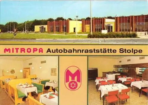 Ansichtskarte, Stolpe Kr. Parchim, Mitropa Autobahn - Raststätte Stolpe, drei Abb., 1987