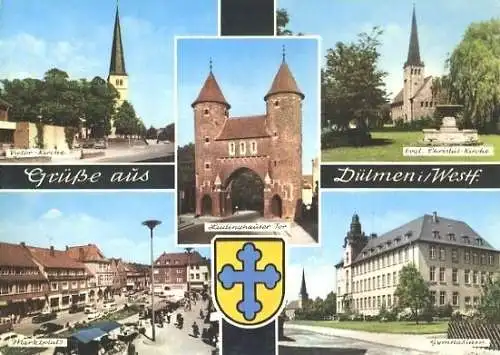 Ansichtskarte, Dülmen Westf., 5 Abb., u.a Gymnasium, ca. 1964