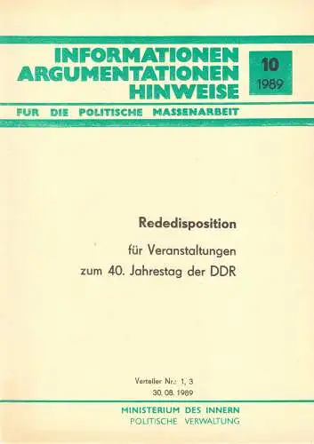 Rededisposition der politischen Verwaltung des MdI zum 40 Jahrestag d. DDR, 1989