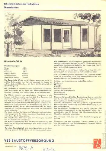 Infoblatt mit technischen Daten, Gartenlaube WL 24, VEB Baustoffversorgung, 1985