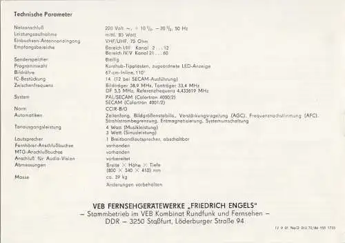 Bedienungsanleitung, Fernsehgerät Colotron 4000/2 und 4001/2, 1986