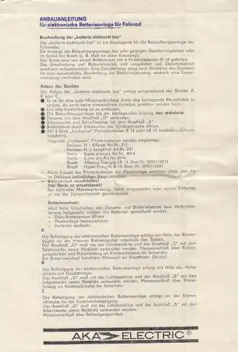 Anbauanleitung für elektronische Batterieanlage für Fahrrad, 1985