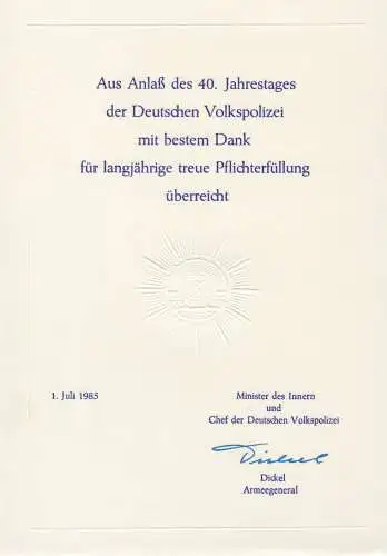 Ehrenurkunde, 40. Jahrestag der Deutschen Volkspolizei, 1.7.1985