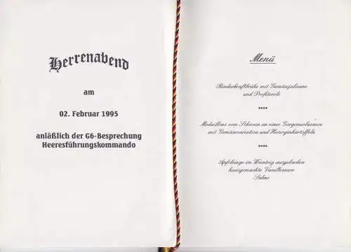 Menü-Karte, Herrenabend am 2.2.1995, G6-Besprechung Heeresführungskommando