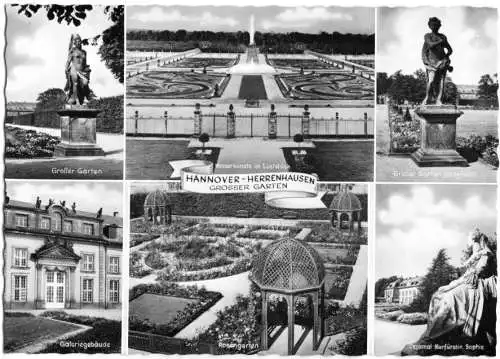 Ansichtskarte, Hannover Herrenhausen, sechs Abb., Großer Garten, um 1958