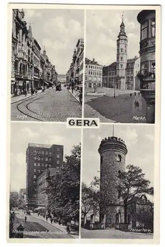 Ansichtskarte, Gera, vier innerstädtische Abb., um 1938