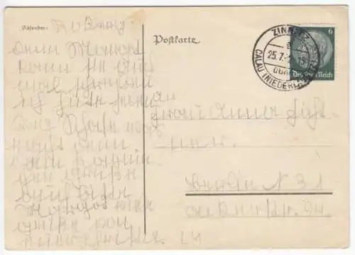 Landpoststempel, Poststelle I, Zinnitz über Calau (Niederlausitz), 25.7.42