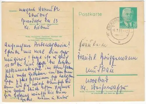 Ganzsache, Postkarte, DDR Mi.-Nr. P68, o Ebersbach (Sachs) 1, 8.9.61