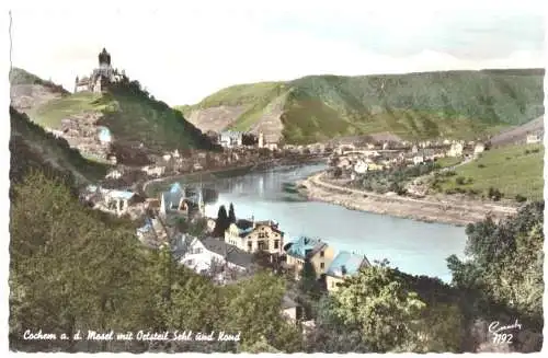 Ansichtskarte, Cochem a. d. Mosel, Totale mit Ortsteil Sehl und Kond, um 1961