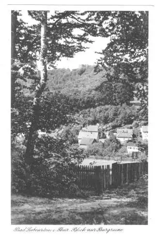 Ansichtskarte, Bad Liebenstein Thür. Wald, Teilansicht mit Blick zur Burgruine, 1950