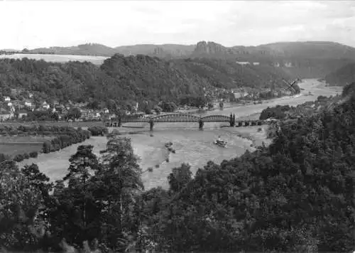 Ansichtskarte, Bad Schandau, Elbtal mit alter Elbbrücke, 1968