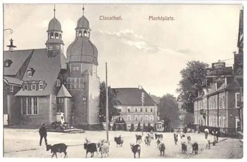 Ansichtskarte, Clausthal Harz, Marktplatz, Ziegen, um 1908