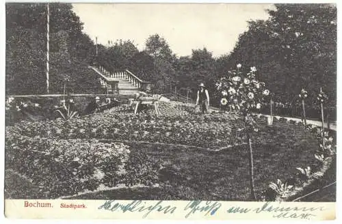 Ansichtskarte, Bochum, Stadtpark, Rabatte mit Gärtner, 1908