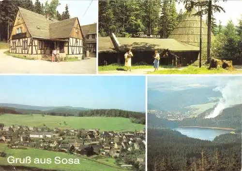 Ansichtskarte, Sosa Kr. Aue, Gruß aus Sosa, vier Abb., um 1988