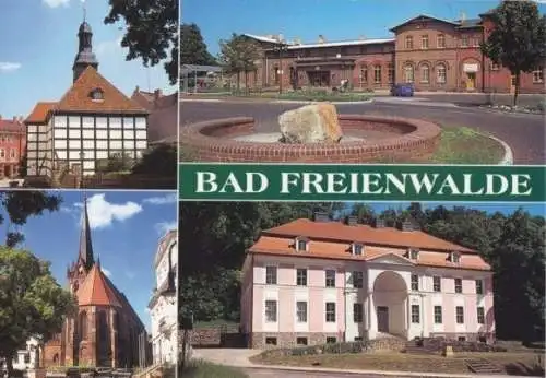 Ansichtskarte, Bad Freienwalde, 4 Abb., u.a. Bahnhofsvorplatz, um 2004