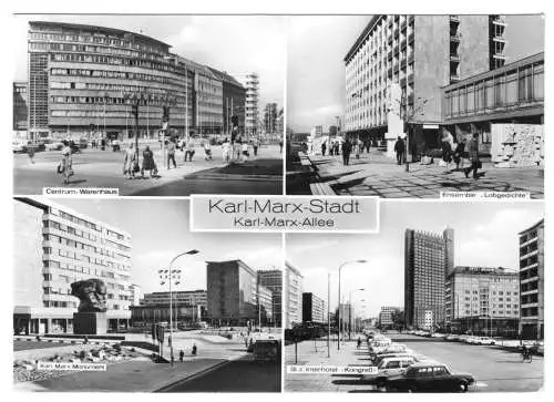 Ansichtskarte, Karl-Marx-Stadt, Chemnitz, Karl-Marx-Allee, vier Abb., 1979