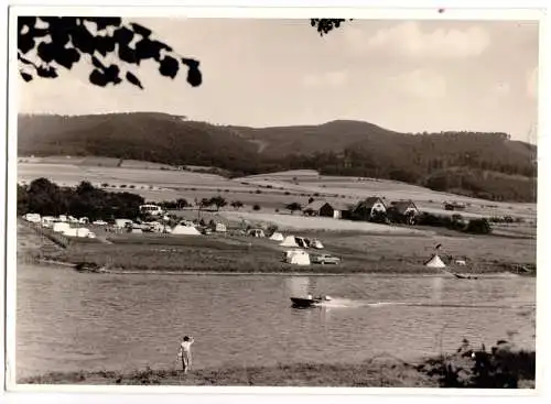 Ansichtskarte, Bodenwerder, Blick zum Zeltplatz an der Weser, Echtfoto, Handabzug, 1963