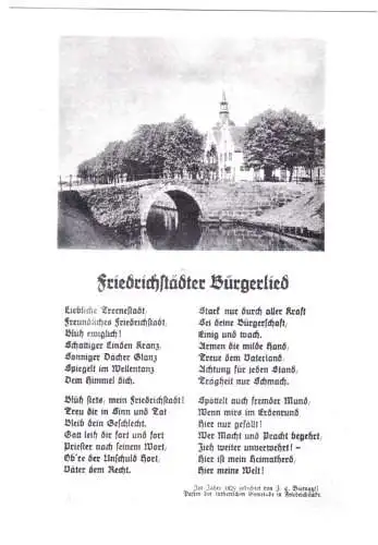 Ansichtskarte, Friedrichstadt, Teilansicht mit Brücke, Friedrichstädter Bürgerlied, um 1980