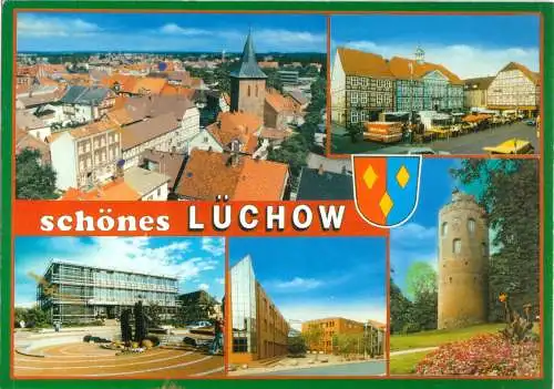 Ansichtskarte, Lüchow, fünf Abb. und Wappen, um 1990