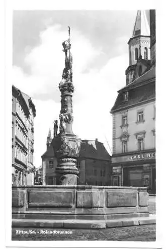 Ansichtskarte, Zittau, Partie mit Rolandbrunnen, 1954