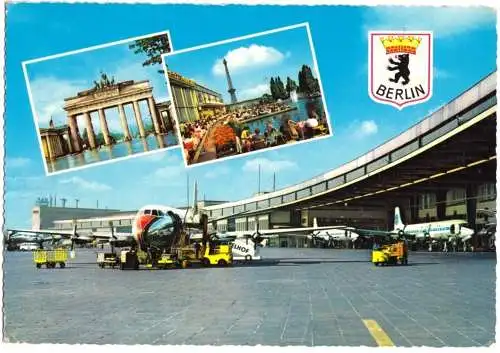 AK, Berlin, 3 Abb., u.a. Flughafen Tempelhof mit Flugzeugen, Wappen, um 1968